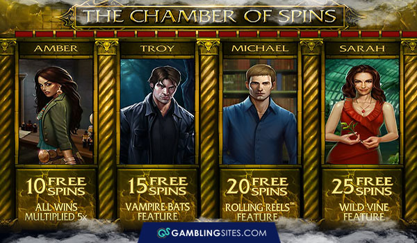 The Chamber of Spins screen in the Immortal Romance slot game.