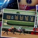 collages of sports, horse racing, poker with gambling background