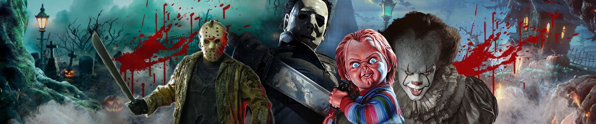 Jason, Michael Meyers, Chuckey, and Pennywise centered with scary imagery and blood splatter