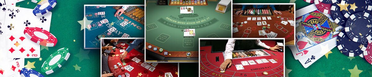 Casino games like blackjack with imagery of dealers dealing cards and chips