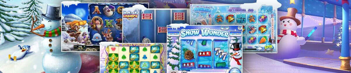 Trees with snow, Penguin sliding, snowman, and winter slots imagery