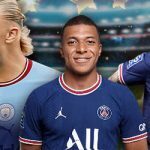 Soccer betting background with players Erling Haaland, Kylian Mbappe, and Lionel Messi