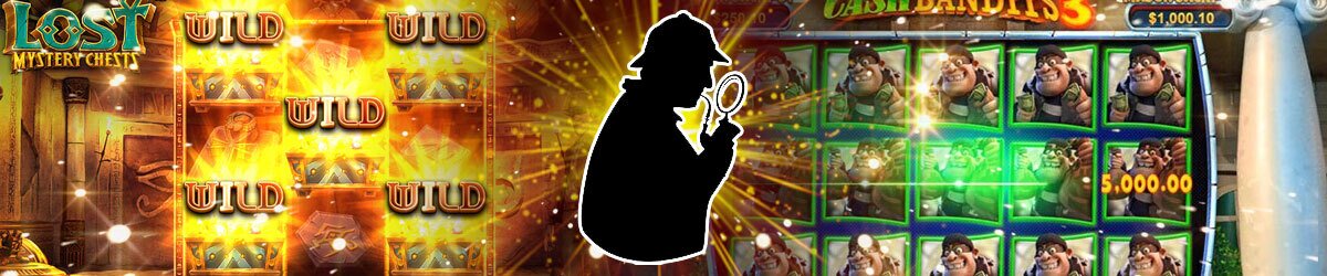 Detective graphic centered with imagery from popular mystery slots online