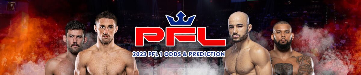 PFL logo centered, 2023 PFL 1 Odds and Predictions text, (L-R): Rob Wilkinson, Brendan Loughnane, Marlon Moraes, and Thiago Santos