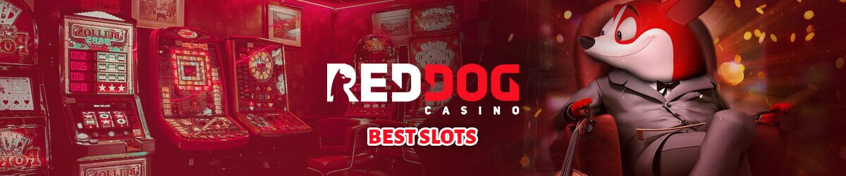 Red Dog Casino best slots text centered, fox character to right, gambling imagery surrounding