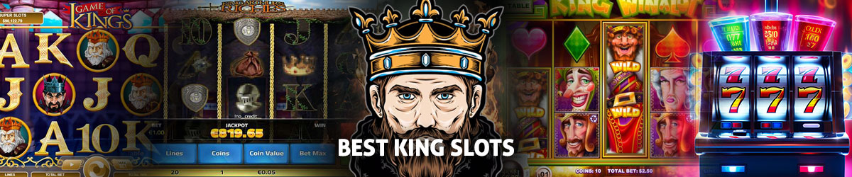 best king slots text and picture of king with a crown centered, slots imagery to left and right