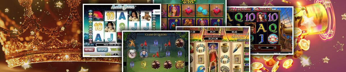 Queen's crown on left, slot imagery and coing right with popular graphic from queen slot games online