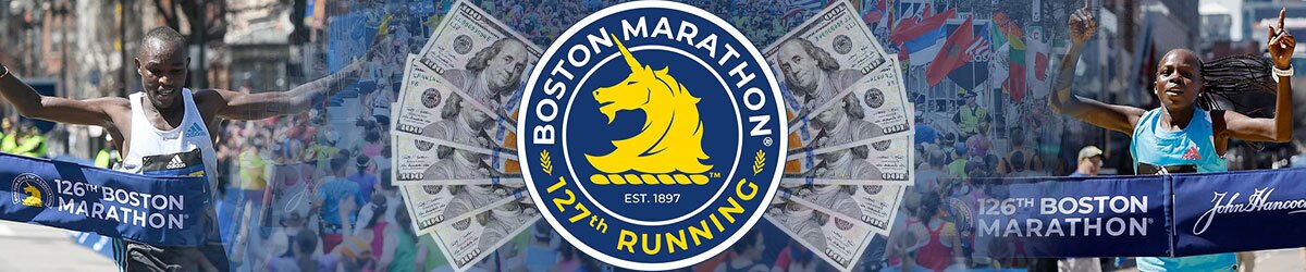 Boston Marathon logo centered surrounded with money, Runners crossing the finish line in background