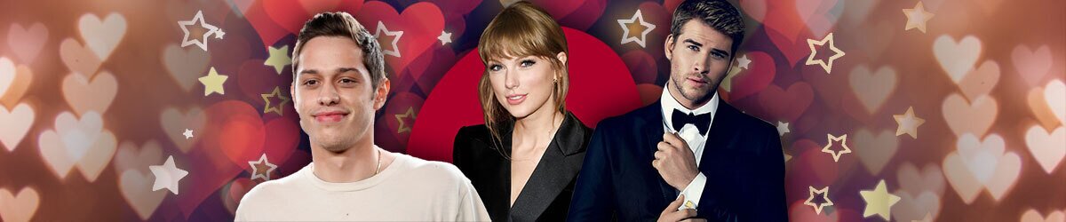 Taylor Swift, Pete Davidson, and Liam Hemsworth surrounded by stars and hearts