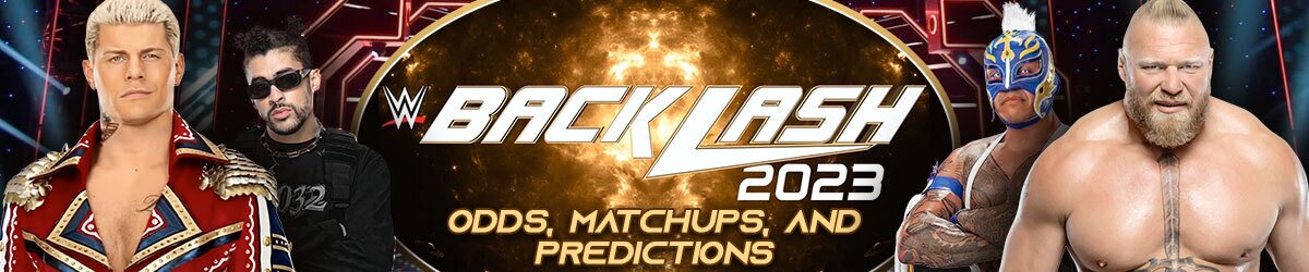 WWE Backlash logo with Odds, Matchups, and Predictions text underneath, (L-R): Cody Rhodes, Bad Bunny, Rey Mysterio, and Brock Lesnar