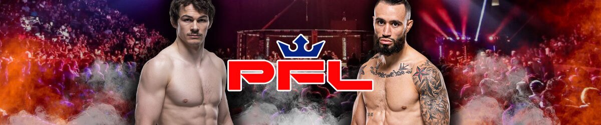 PFL logo centered with crowds of people in background, Olivier Aubin-Mercier on the left and Shane Burgos on the right