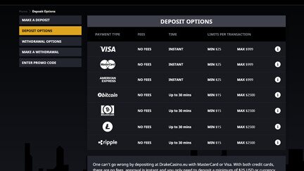 Drake Casino banking screen shot