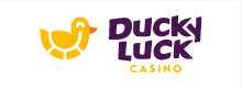 DuckyLuck Casino logo, yellow duck with purple and yellow text on a white background