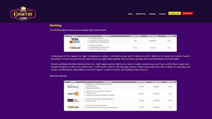 Banking page with list of accepted methods at High Country Casino