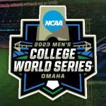 2023 College World Series logo centered with generic baseball field with money and Wake Forest logo left and Florida logo right