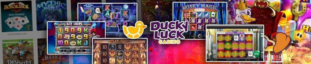 DuckyLuck logo centered with images of the best slots to play like Money Magic, Captain Shockwave, and more