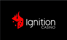 Ignition Casino, white text and red icon on a black background