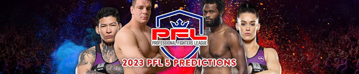 2023 PFL % Odds with PFL logo centered, fighters (L-R): Larissa Pacheco, Ante Delija, Maurice Greene, and Amber Leibrock