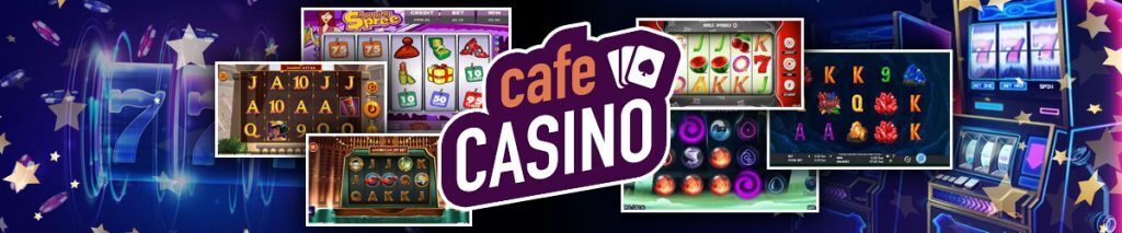 Top Cafe Casino Slots with slot imagery surrounding images of Shopping Spree and more games