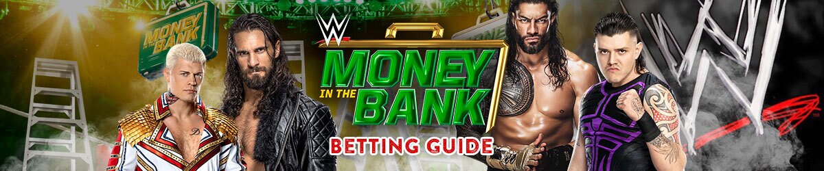 2023 Money in the Bank Betting Guide with logo centered and WWE wrestlers: Cody Rhodes, Roman Reigns, Damian Priest and WWE logo surrounding