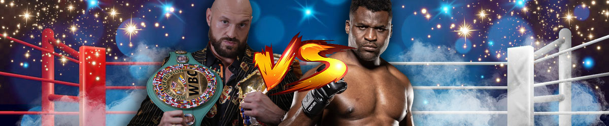 Tyson Fury vs. Francis Ngannou with ring in background