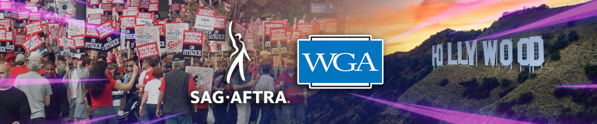 2023 Hollywood Writers Strike Odds with protesters, SAG-AFTRA & WGA logos with Hollywood sign