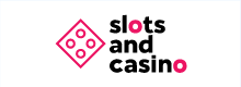 SlotsandCasino logo, black and pink text and pink die on a white background