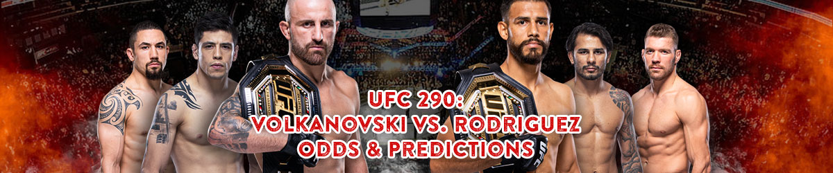 UFC 290 Betting Preview with images of fighters L-R: Robert Whittaker, Brandon Moreno, Alex Volkanovski, Yair Rodriguez, Alejandre Pantoja, and Dricus du Plessis