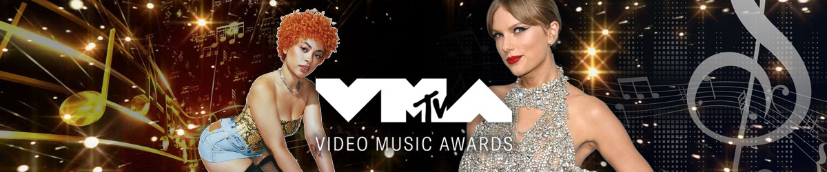 MTV VMA graphic centered with Ice Spice and Taylor Swift surrounded by music notes