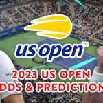 US Open logo centered with Statue of Liberty with Novak Djokovic and Carlos Alcaraz