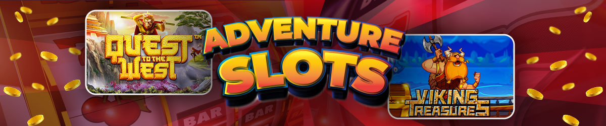 Adventure Slots with iagery from Quest to the West and Viking treasure with gold coins falling