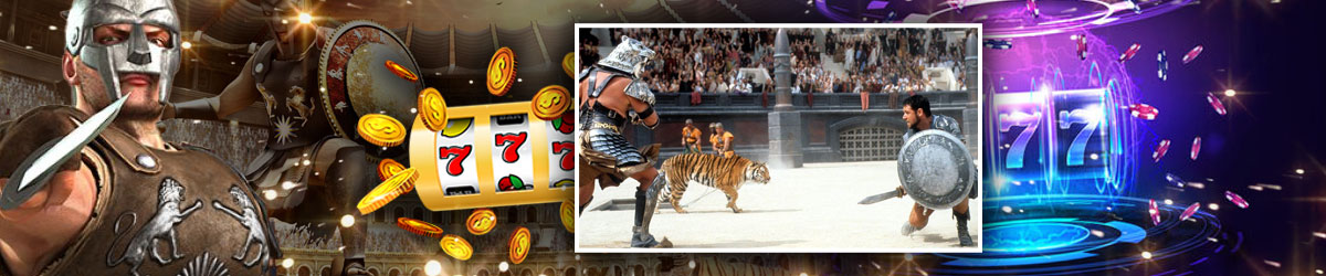 Best Gladiator Slots with scene from the 2000 film and Gladiator and slots imagery surrounding