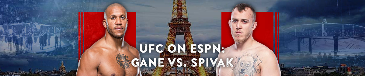 UFC on ESPN with images of Ciryl Gane left and Sergey Spivak right with imagery of Eiffel Tower and UFC ring