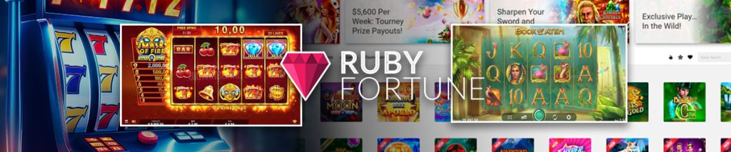 Ruby Fortunes logo centered, Best Ruby Fortune Casino Slots include screenshots from Book of Atem and 9 Masks of Fire