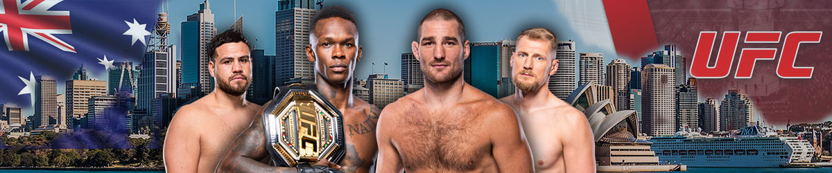 UFC 293 with Australia skyline and flags with fighters like Tai Tuivasa, Israel Adesanya, Sean Strickland, and Alexander Volkov