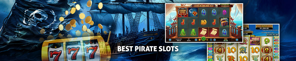 Best Pirate Slots text centered, Pirate ship out at sea in background with slots imagery and screenshots of Legends of the High Seas and Goldbeard