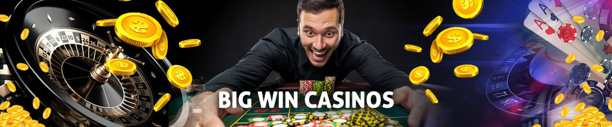 Big Win Casinos text centered, Guy excitedly collecting his winnings with casino imagery surrounding