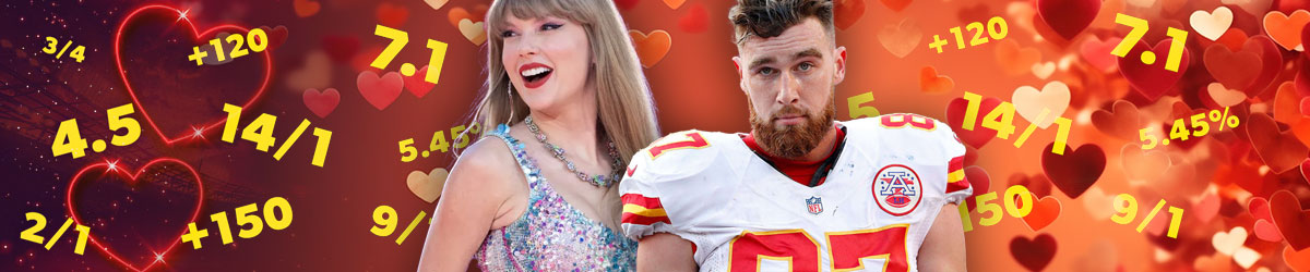 Taylor Swift and Travis Kelce centered with hearts and odds surrounding them