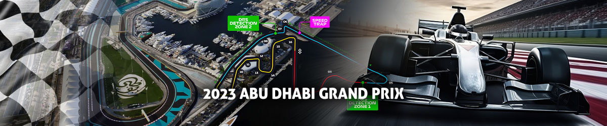 2023 Abu Dhabi Grand Prix text centered, F1 car on right, race track on left