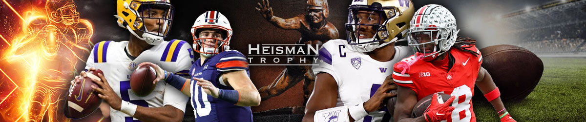 2023 Heisman Trophy Odds, Heisman Trophy logo centered, Football players Bo Nix, Jayden Daniels, Michael Penix Jr., and Marvin Harrison Jr.