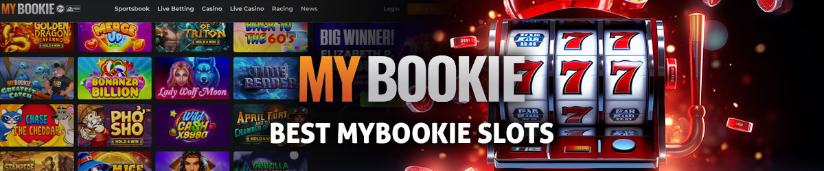 Best MyBookie Slots text centered, MyBookie logo with the site's slot page in background with slots imagery