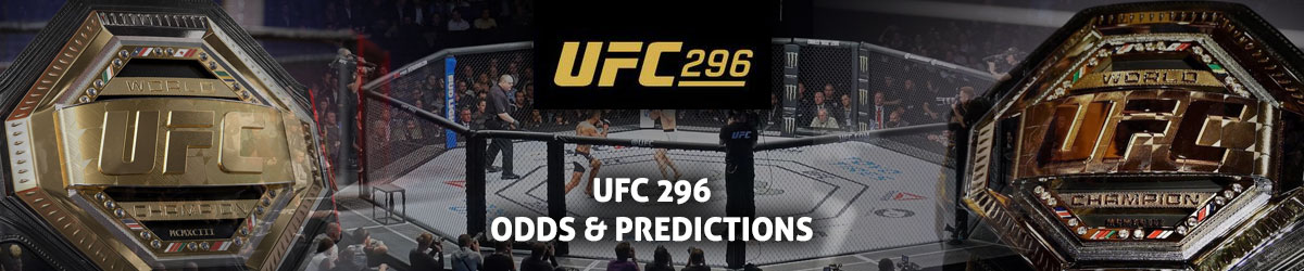 UFC 296 logo and UFC 296 odds and predictions text centered, image of octagon in background and ufc title belts to left and right