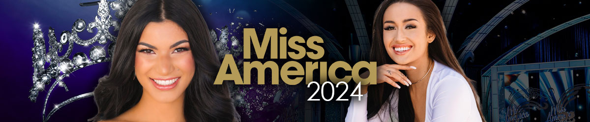 2024 Miss America logo centered, Pageant crown and stage in background, Miss Arizona (Tiffany Ticlo) left, Miss Wyoming (Mackenzie Kern) right