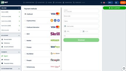 20bet banking page screen shot