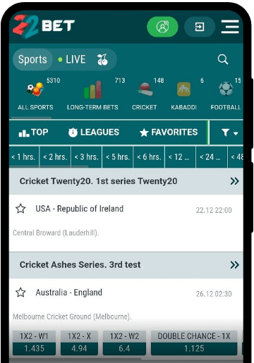 22bet lobby on a mobile device