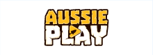 Aussie Play logo, yellow and white text with black borders on a white background