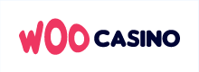 Woo Casino logo, pink and black text on a white background