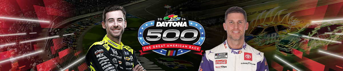 Daytona 500 logo centered with Ryan Blaney to the left and Denny Hamlin to right