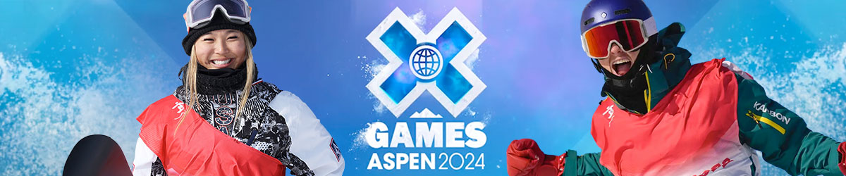 X-Games logo centered with images of Chloe Kim and Scotty James