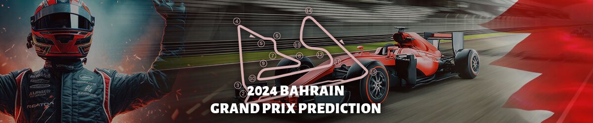 2024 Baxhrain Grand Prix Prediction text centered, driver to left and F1 car in background
